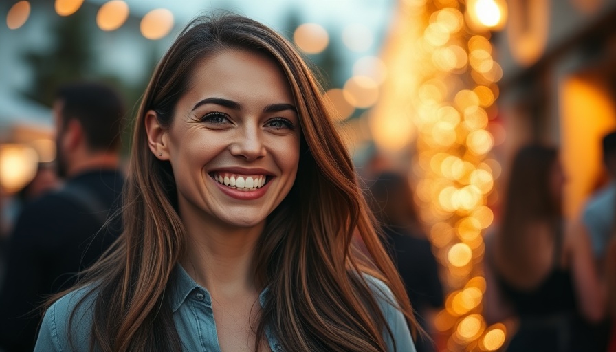 Smiling woman at evening event with bokeh lights.