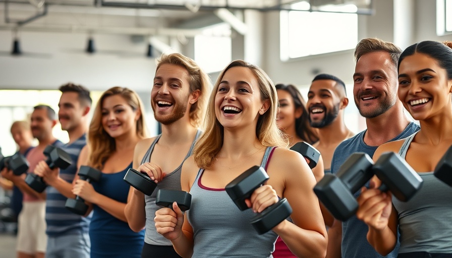 Energetic group workout days with dumbbells in a bright gym.