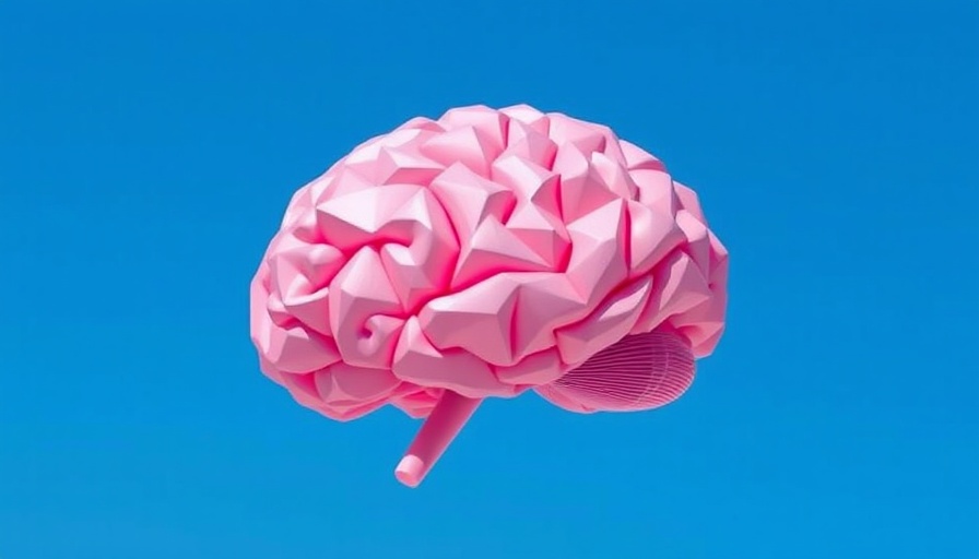 Geometric low-poly pink brain on a clear blue sky, abstract style.