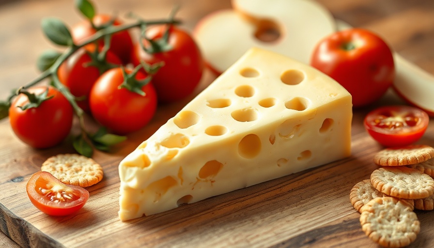 Plant-based cheese with distinctive holes, surrounded by vegetables and fruits.