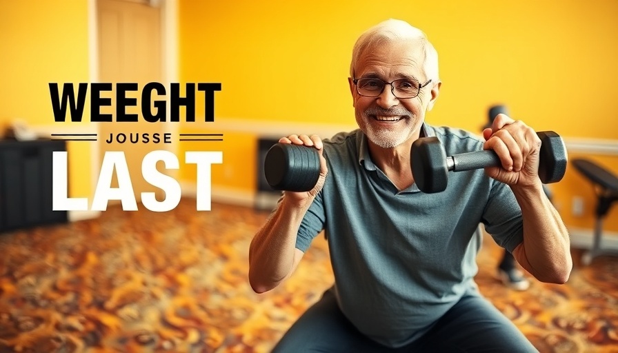 Older man exercising with dumbbells, showing weight loss progress.