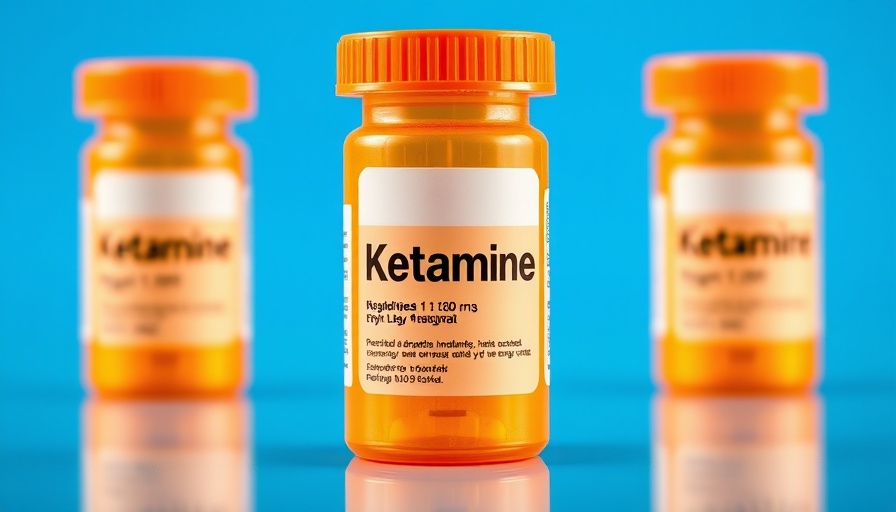 Orange pill bottle labeled Ketamine on blue background, ketamine use.