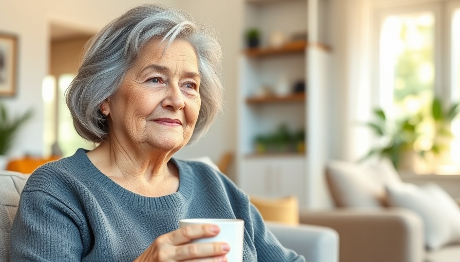 Elderly woman enjoying coffee, menopause stress management, bright room.