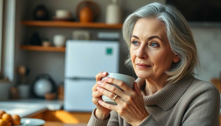 Mature woman enjoying morning coffee, highlighting health benefits.