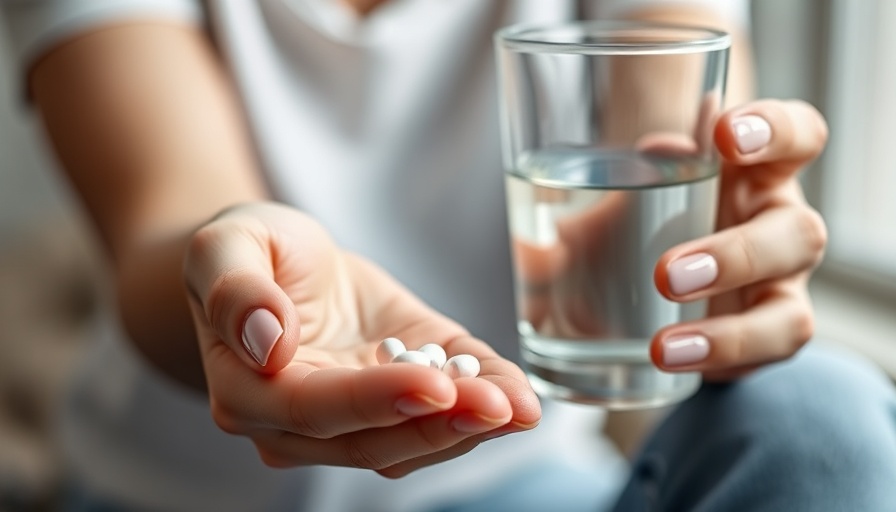 Mifepristone pill held by woman with glass of water indoors.