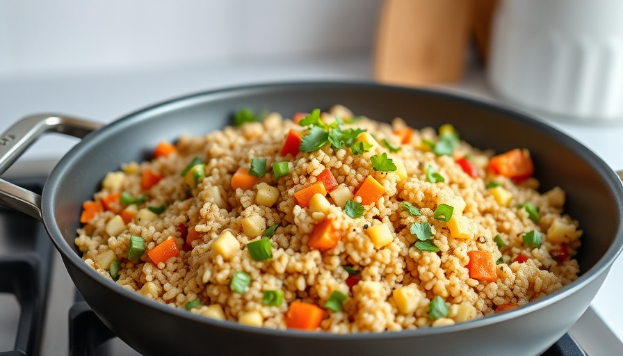 Healthy starches quinoa dish mixed with vibrant vegetables.