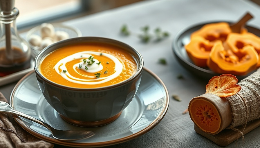 Creamy butternut squash soup garnished elegantly.