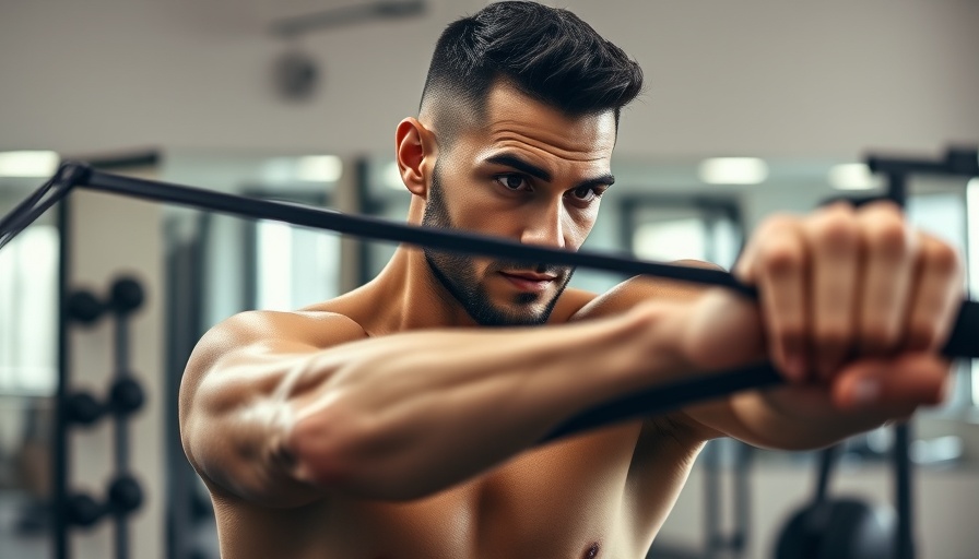 Athletic man doing resistance band exercise in gym setting.