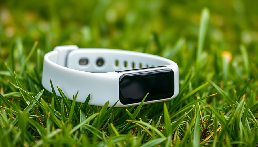 Sleek white fitness tracker lying on grass outdoors.