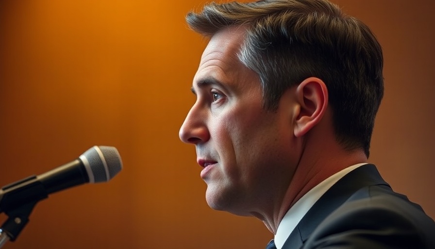 Focused man in suit speaking into microphone