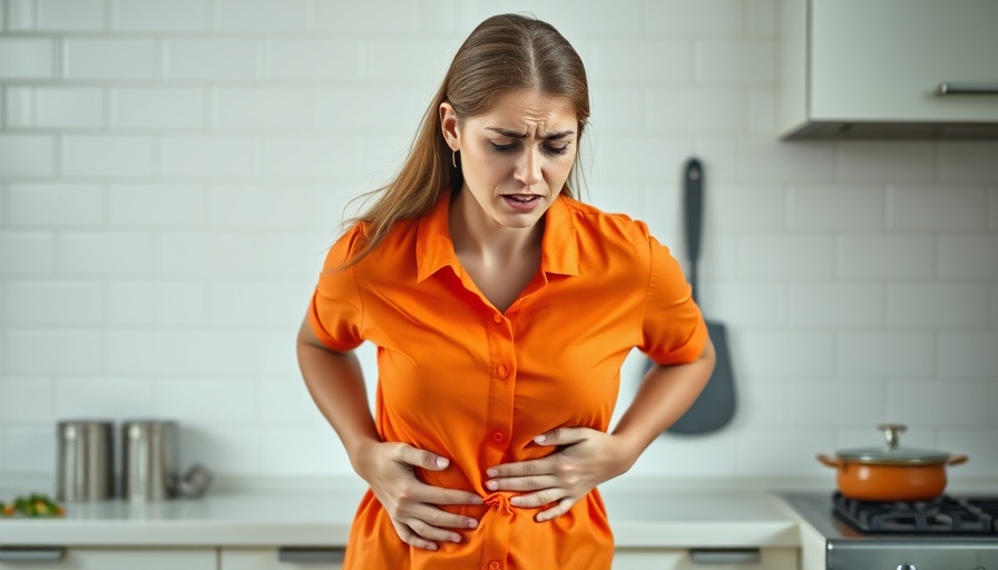 Young woman in orange shirt experiencing gastrocolic reflex in kitchen.