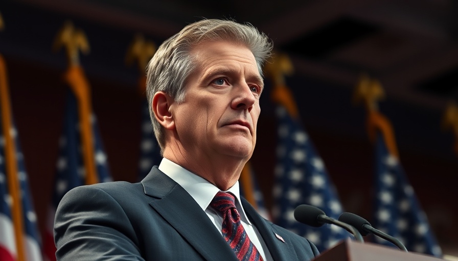 Middle-aged man speaking in front of American flags.