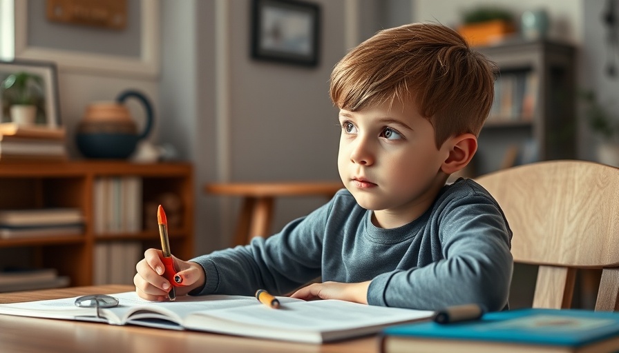 Young boy contemplating studies with ADHD aids, cozy setting.