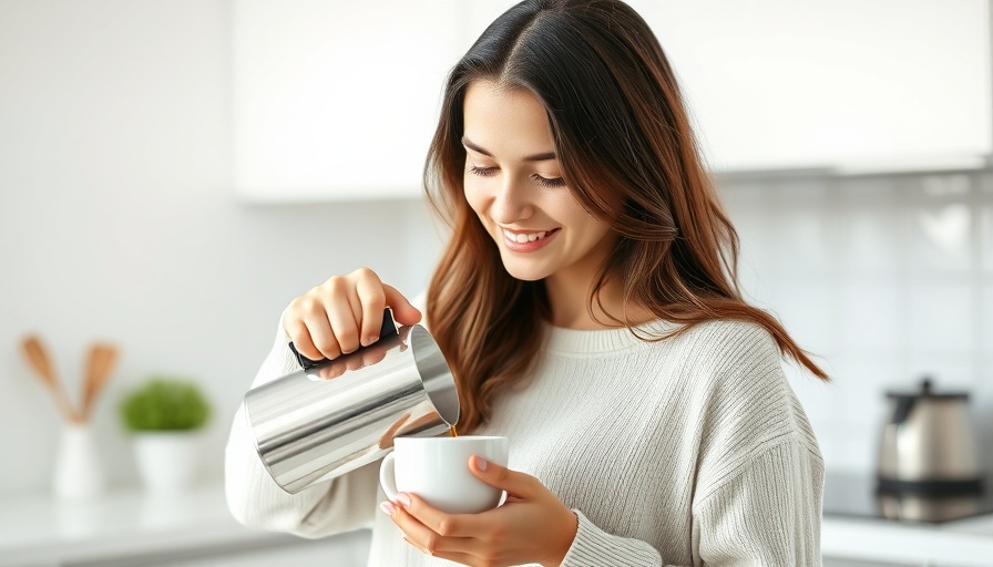 Woman pouring coffee promoting heart health in a bright kitchen