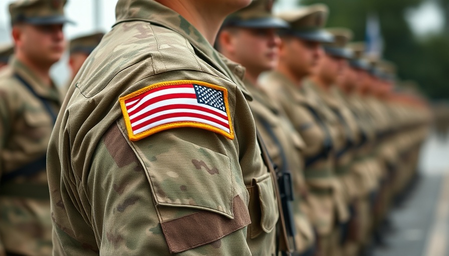 Soldier in uniform with flag patch, military formation, public health context.