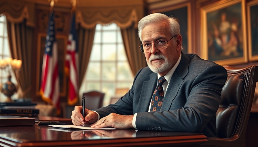 Confident man writing at desk amid federal funding pause.