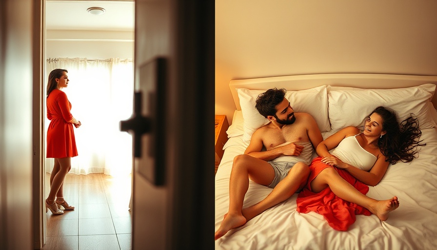 Intimate split image depicting voyeurism through a keyhole and relaxed couple on a bed.