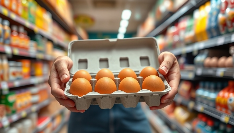 Close-up of carton with brown eggs in grocery store aisle.