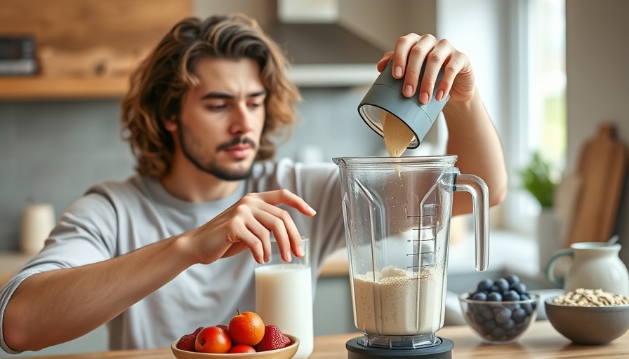 Young adult preparing protein shake in a bright kitchen.