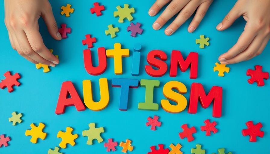 Colorful autism letters with puzzle pieces on blue background.