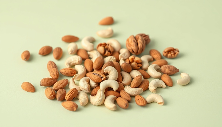 Assorted high-protein nuts scattered on a pastel green surface.