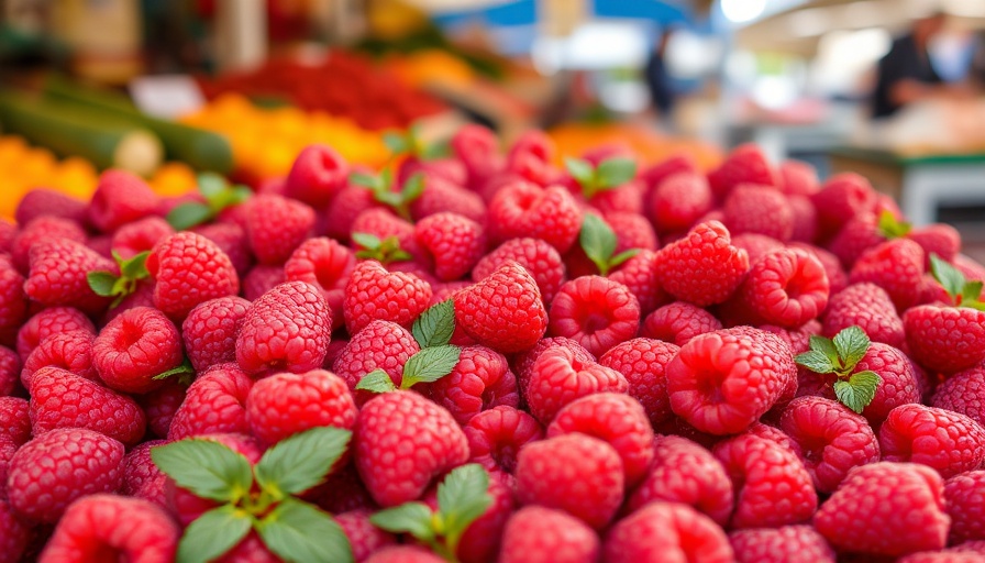 Vibrant raspberries at market stall, vivid colors, fresh produce.