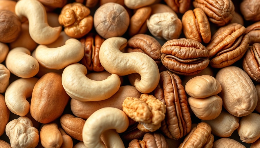 Assorted anti-aging nuts including walnuts, pecans, and cashews.