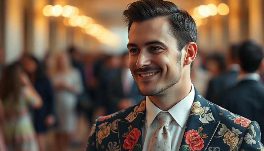 Elegantly dressed man at an event, soft expression, vibrant suit.