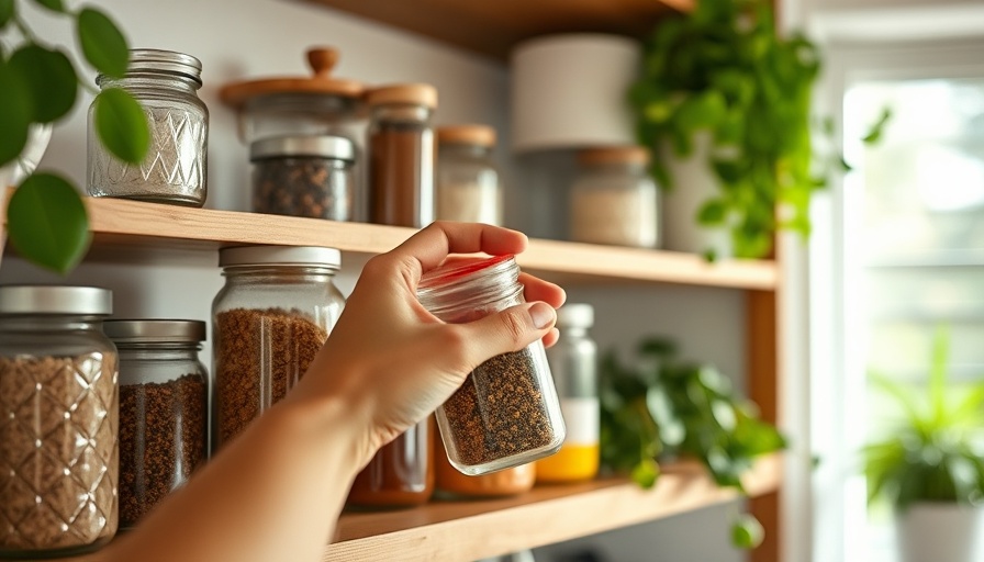 Hand reaching for spice jar on kitchen shelf with spices.