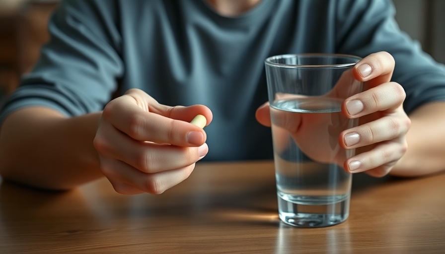 Person with a pill and water glass illustrating slow biological aging.