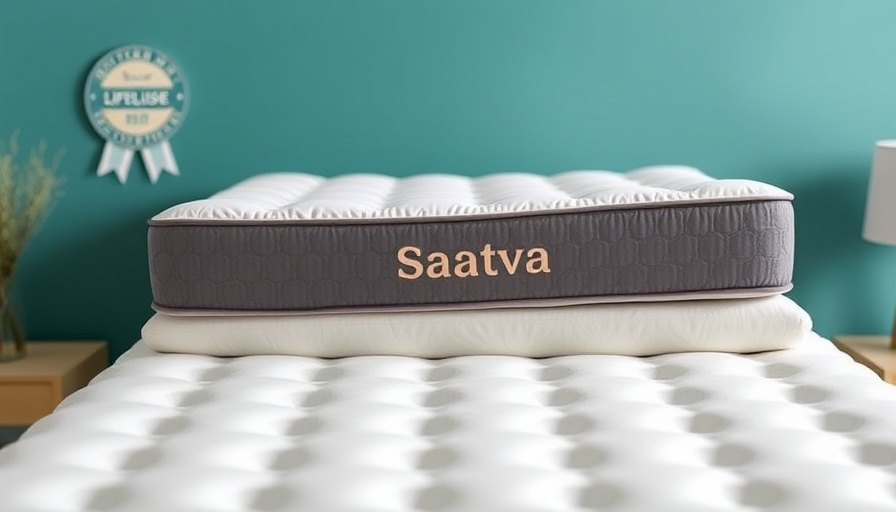 Saatva Classic mattress on modern bed frame against teal background.