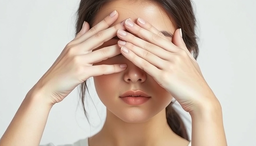 Thoughtful young woman covering eyes in calm pose, gut-brain connection.