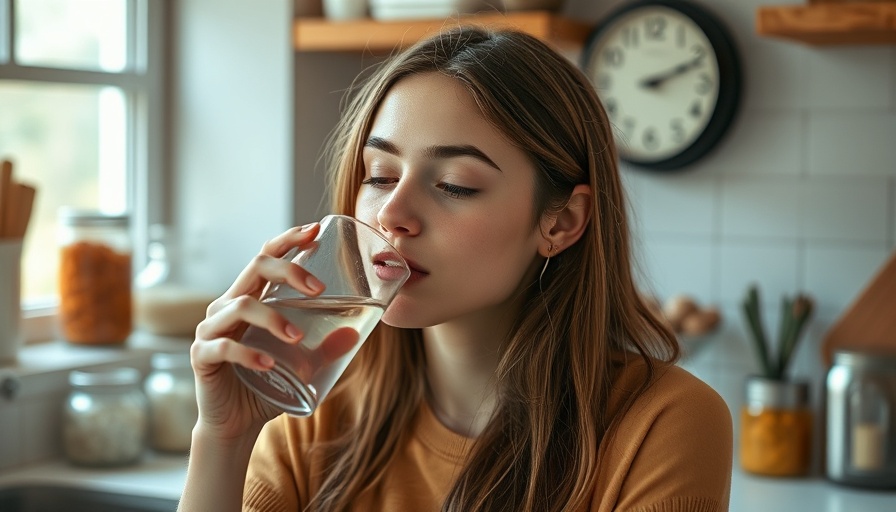 Young woman in kitchen practicing holistic wellness by drinking water.