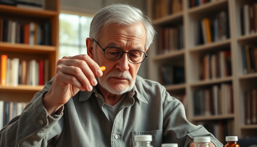 Older man with pills at home, bright daylight setting.