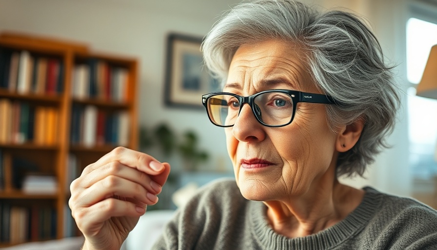 Concerned older woman with supplement in hand by window.