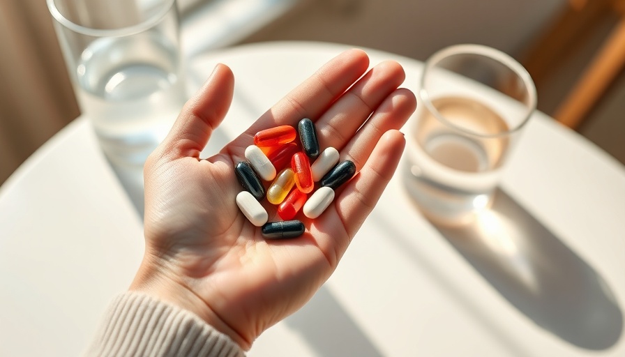 Hands with vitamin capsules and water glass, Vitamin B timing.