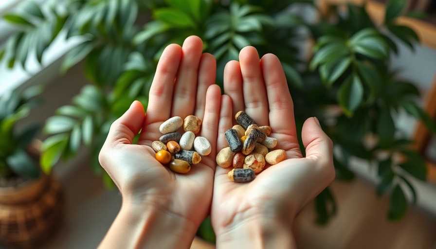 Hands holding anti-inflammatory supplements in a natural setting.