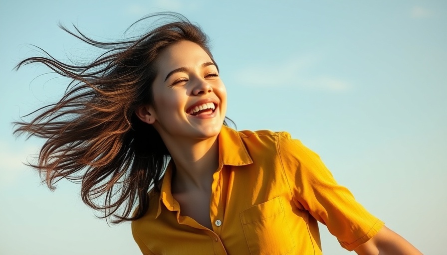 Joyful woman in a mustard shirt outdoors, expressing wellness.