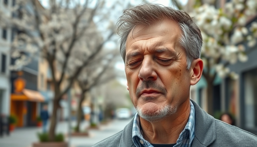 Man sneezing under flowering trees illustrating spring allergies and climate change impact.