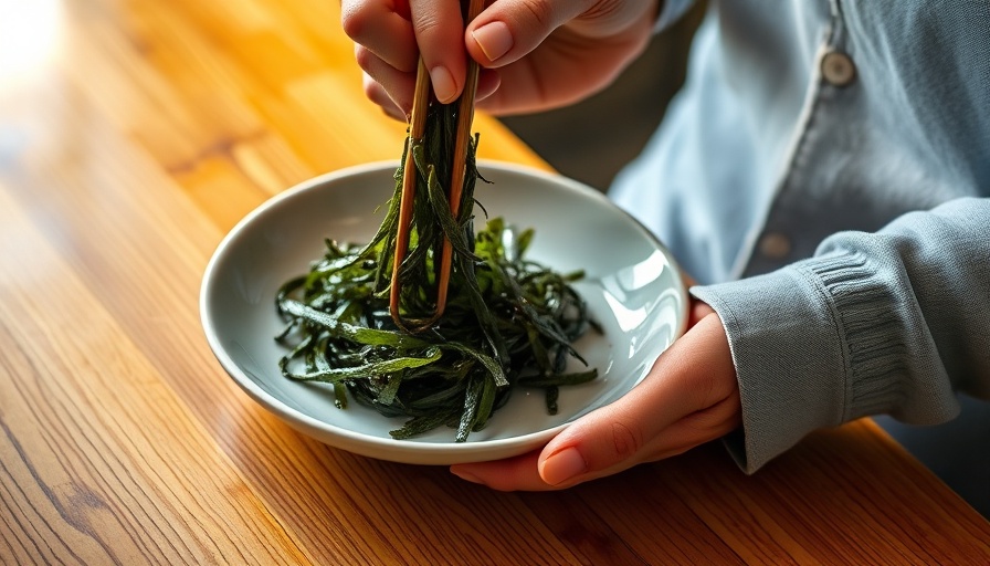 Hands serving seaweed with chopsticks on a wooden table, showcasing seaweed health benefits.