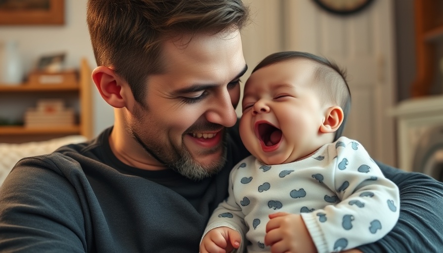 Father cuddling yawning baby, highlighting strong parental bond.