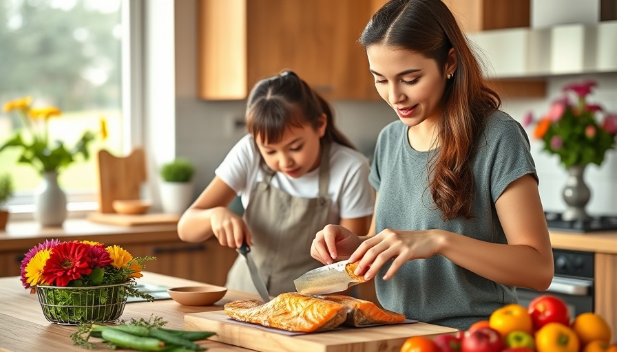 Mother and child preparing salmon for healthy eating in modern kitchen.
