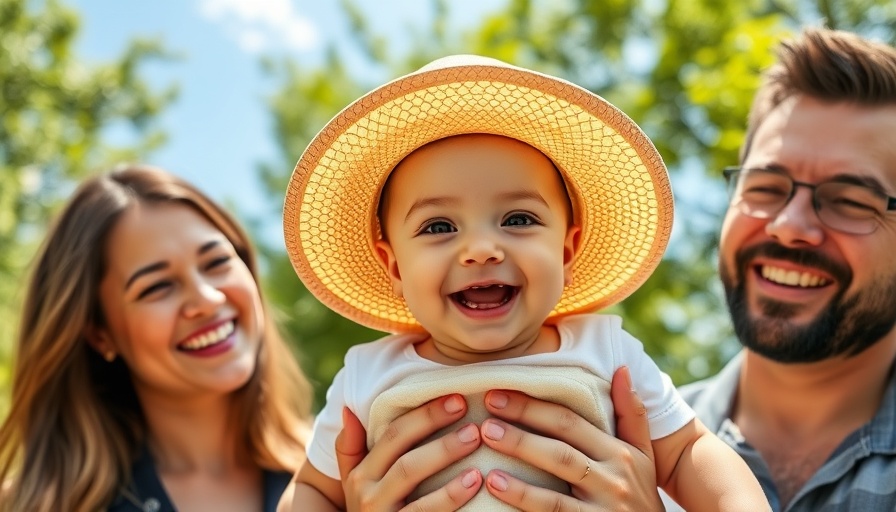 Smiling baby with family outdoors, cheerful atmosphere, healthy eating.