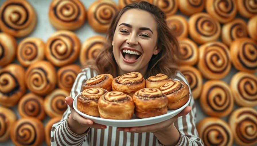 High protein cinnamon roll recipe displayed by a smiling woman holding a plate.