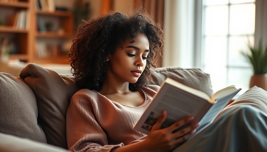 Relaxed woman reading on sofa in cozy room, promoting brain health.