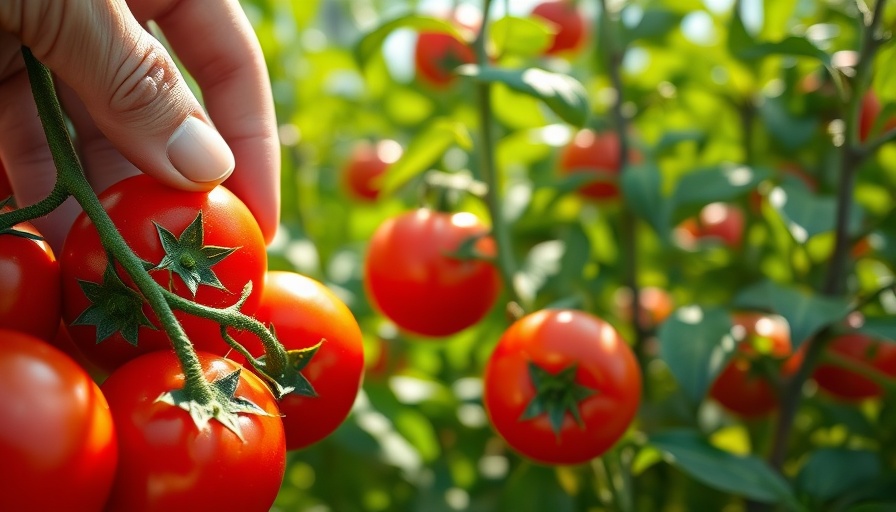 Hand picking tomatoes in a sunlit garden, vibrant and fresh.