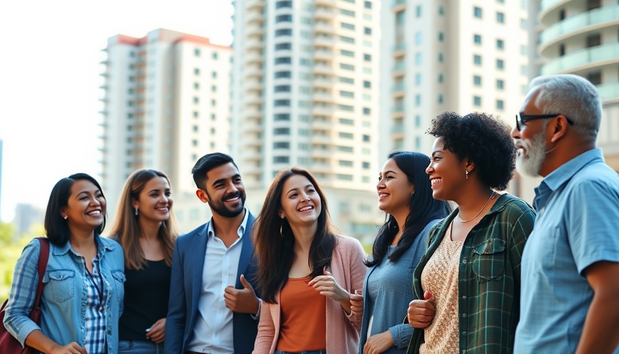 Group discussing dental care outside with skyscrapers in background.