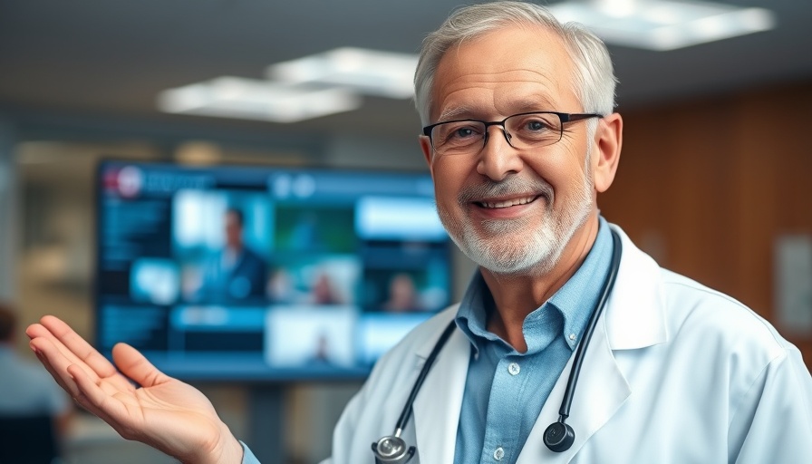 Smiling older man in a white coat in a welcoming gesture, wellness journey.