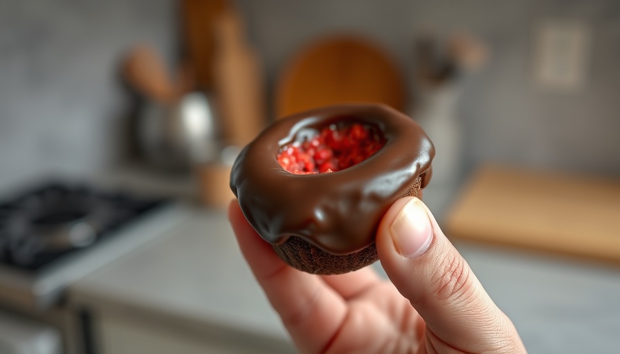 Close-up of a hand holding a healthy chocolate dessert with red filling.