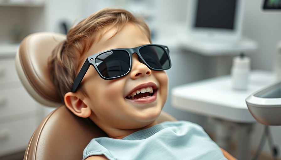 Child at dentist wearing green sunglasses during dentist visit for kids.